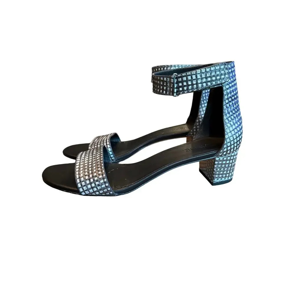 Vince Ankle Strap Sandals 8M Silver Black Textured Block Heel Modernist